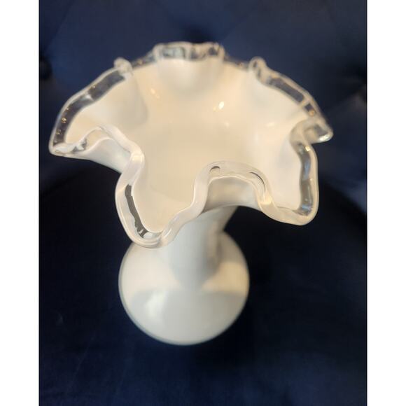 Fenton Silver Crest Milk Glass Ruffled Vase – 9" Crimped Clear Edge Vintage - Picture 6 of 6